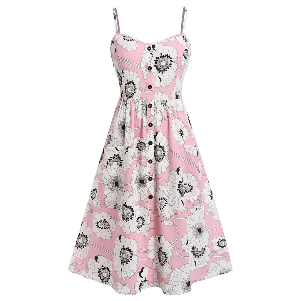 

Women Summer Dress 2019 Sundress Sexy Sunflower Printing Pocket Button Off Shoulder Sleeveless Mini Dress L507