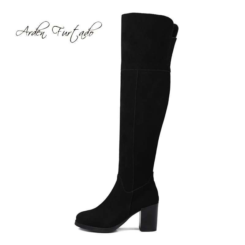 

Arden Furtado Fashion women's shoes winter 2019 round toe chunky heels 7cm zipper natural suede over the knee high boots ladies