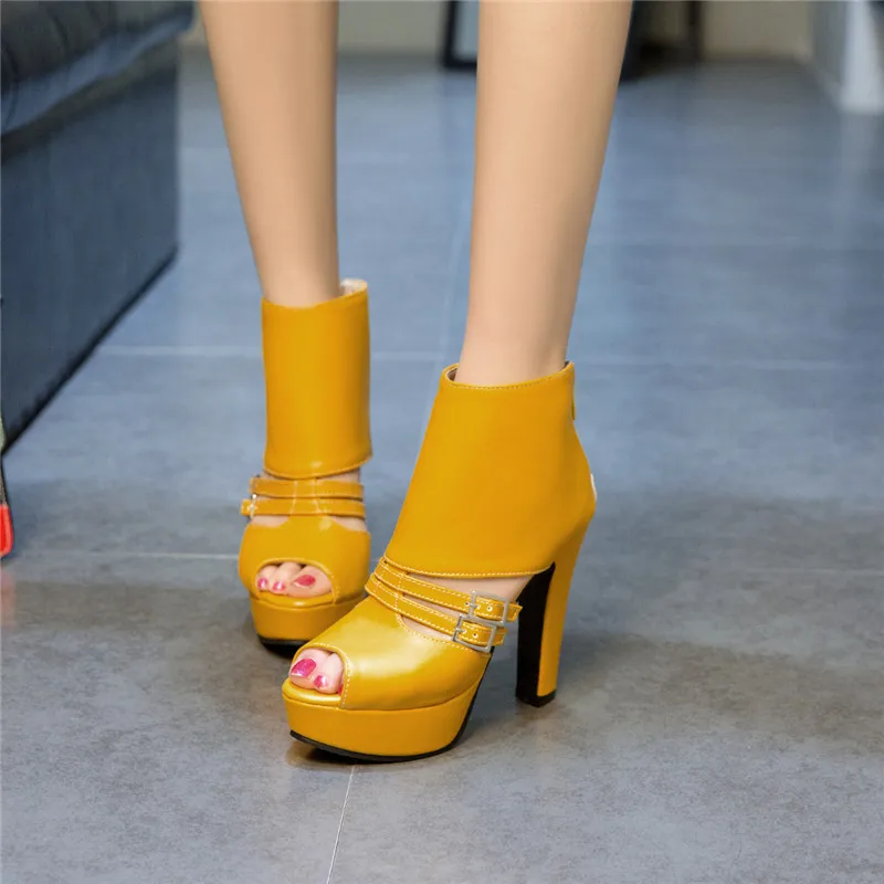 

YMECHIC Womens High Heels Ankle Summer Boots Shoes Peep Toe Buckle Strap Gladiator Sandals Lady Yellow Black Party Shoe Big Size