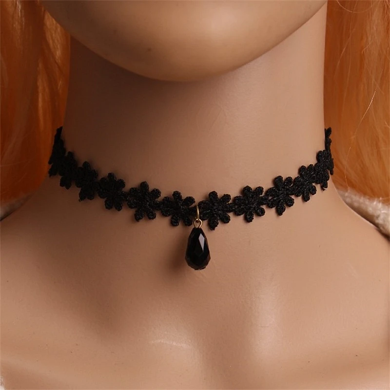 

x108 Gothic Black Flower Design Lace Choker Necklaces Exquisite Bead Pendant Necklaces For Women Punk Style Fashion Jewelry Gift