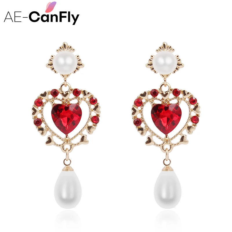 

AE-CANFLY Newest Red Crystal Heart Drop Earring pendientes Sweet Korean Pearl Long EarringFor Wedding Party Gift Bijoux