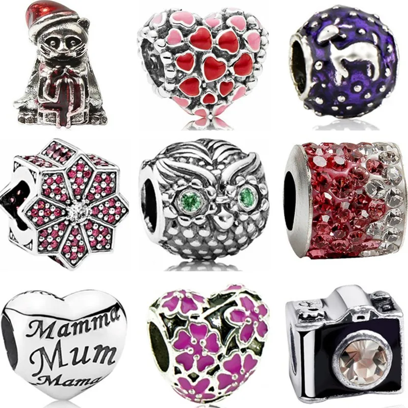 

New Fashion Small Crystal Owl Camera Bear Hearts Flowers Charms Beads Fit Pandora Bracelets for Women Party DIY Jewelry Bijoux