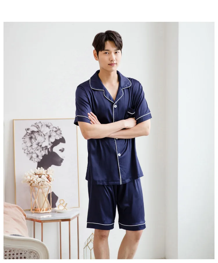 Отложной воротник Для мужчин пижамные комплекты шорты пижамы мужской костюм сдельная Пижама Повседневное короткие шелковые Для мужчин