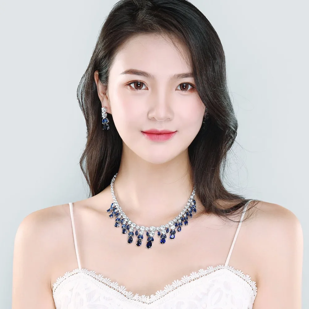 

High Quality Green Clear Red Blue Shiny Zircon Necklace Earrings Wedding Bridal For Women Bride Crystal Rhinestone Jewelry Sets