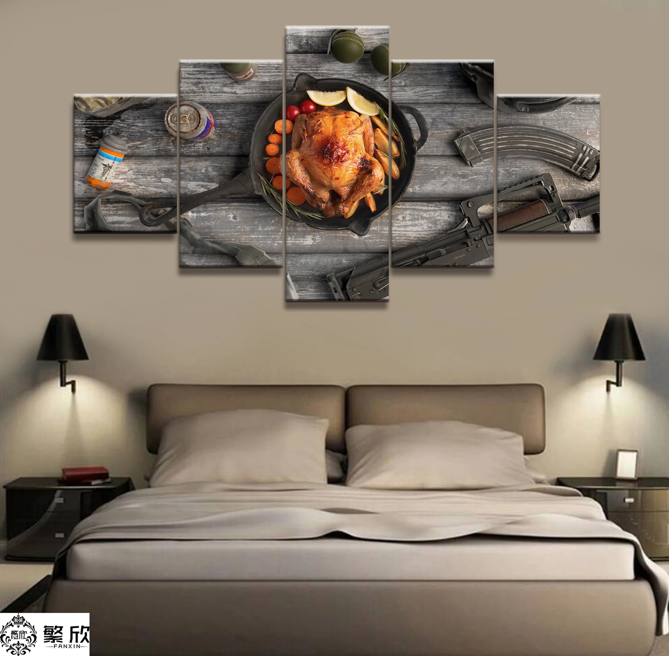 

5 Panel PUBG Game Champion Eating Chicken Game Canvas Printed Painting For Living Room Wall HD Picture Artworks Poster Wholesale