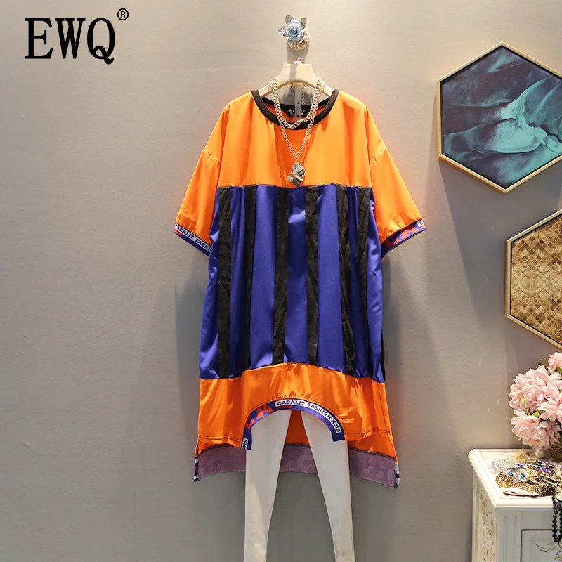 

[EWQ] 2019 Spring Summer New Pattern Round Collar Short Sleeve Hit Colors Patchwork Pulovers Vintage Dress Women AG77109