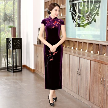 

Sexy Long Cheongsam 2018 Spring Vintage Chinese style Dress Fashion Womens Velour Qipao Slim Party Dresses Button Vestido