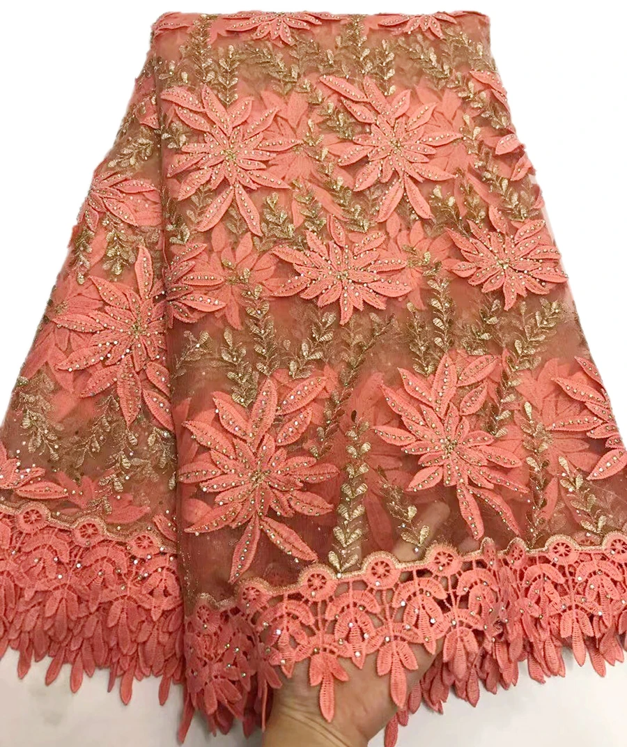 

New Good looking Peach African tulle lace fabric with stones high quality french net lace fabric for women dress stones fabric