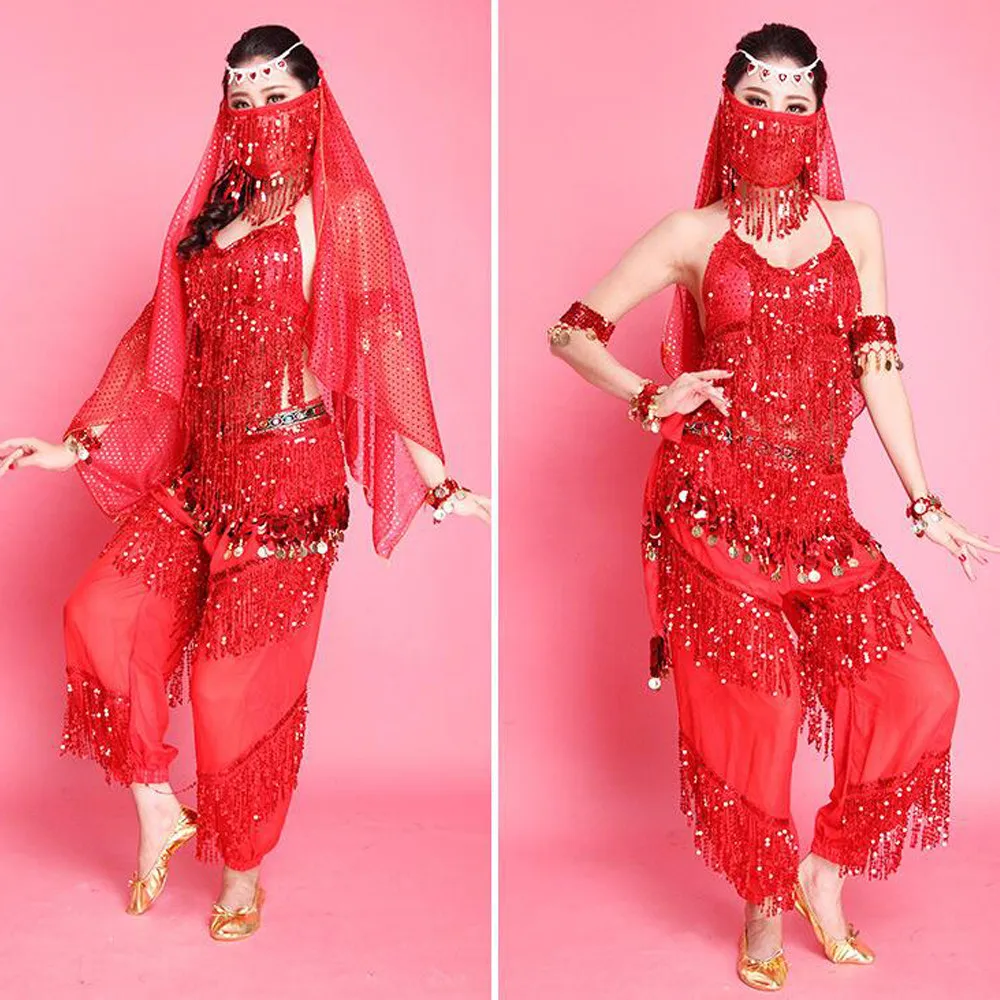 Болливуд танцевальные костюмы Индийский танец живота костюмы 5 шт. Брюки для девочек и топ-Бюстгальтер для Для женщин