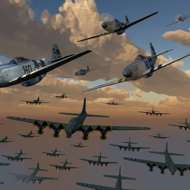 B-17 Flying Fortress bombers and P-51 Mustangs in flight Poster Print (35 x 22)