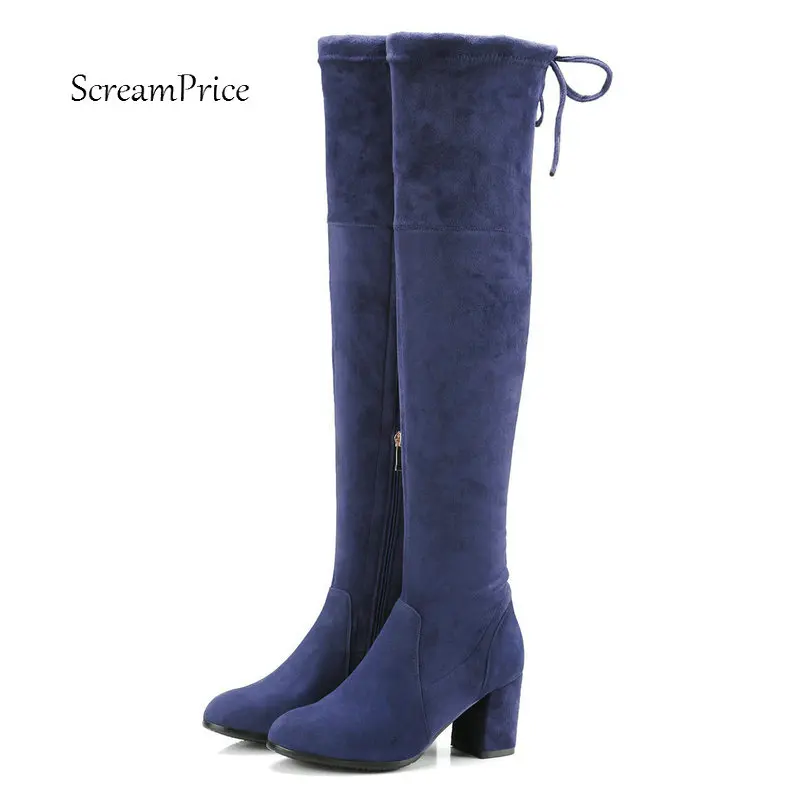 

Women Suede Square Heel Zipper Over The Knee Boots Fashion Pointed Toe Lace Up Thigh Elastic Boots Black Blue