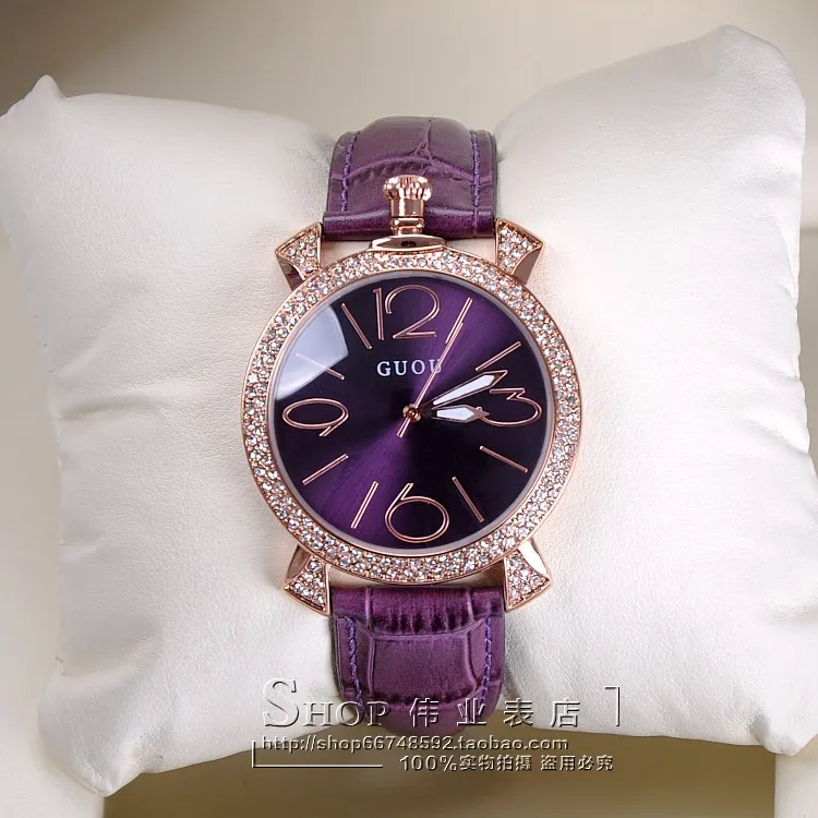 Фиолетовый цвета розового золота Женская Роскошная брендовая Полный Стразы Часы женские Натуральная кожа ремешок Кварцевые часы для женщин известный наручные часы