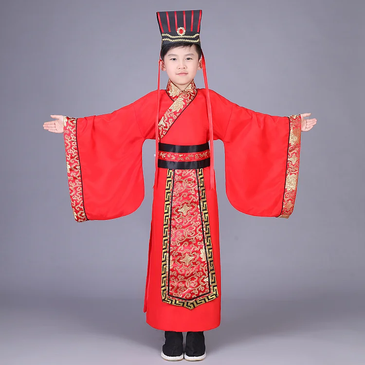 Костюм ханьфу Древний китайский традиционный костюм для мужчин для детей обувь мальчиков ханьфу, косплей детская одежда красный династии Тан танец детей