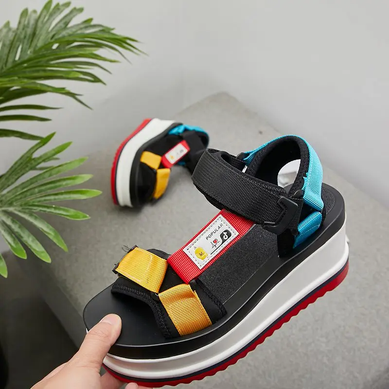 JOJONUNU Women Chunky Sandals Mixed Color Nylon Sneaker Sandals Casual Thick Bottom Platform Outdoor Shoes Women Size 35-39