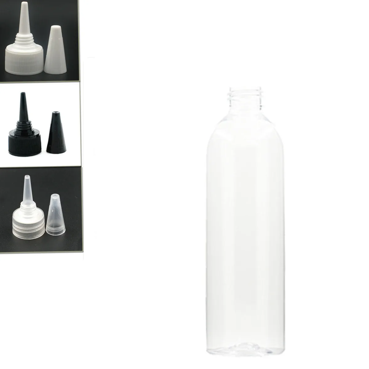 

250ml empty plastic bottle, clear pet bottle with transparent/white/black Twist Top Caps pointed mouth top lid