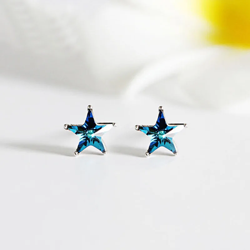 

Unisex Pure 925 Sterling Silver Earrings Blue Crystal Star Stud Earrings For Women Men Girls Boys Piercing Brincos Jewelry 2018