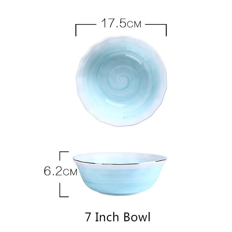 Nordic Color Changing Ceramic Plate Golden Edge Porcelain Dinner Plate Set Salad Bowl Steak Dessert Cake Tray Irregular Dishes - Цвет: 7 Inch Bowl Blue