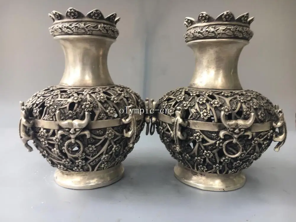 Пара 10 ''Тибетский Бронзовый серебристый выдалбливают Резные зверь цветок ваза статуя