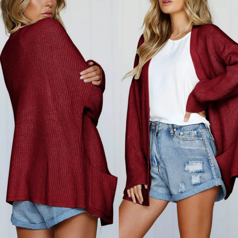 

Women Long Sleeve Cardigan Spring Autumn Collarless Open Front Pocket Cardigans Tops Solid Knitted Sweaters Cardigan Plus Size