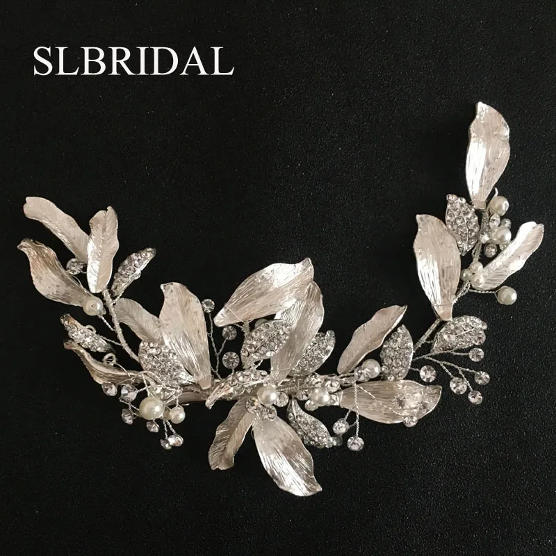 SLBRIDAL ручной работы серебряные Австрийские кристаллы, стразы цветок лист Свадебная заколка заколки Свадебные аксессуары для головных уборов