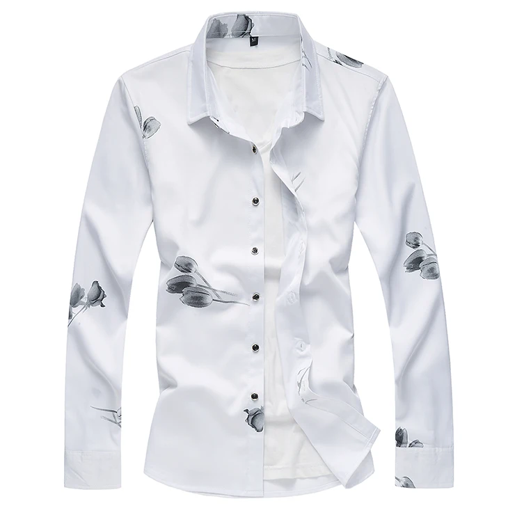 3 Colors Autumn New Men's Casual Shirt Floral Print White Long Sleeve Shirt Male Brand Clothes Plus Size 5XL 6XL 7XL - Цвет: Белый