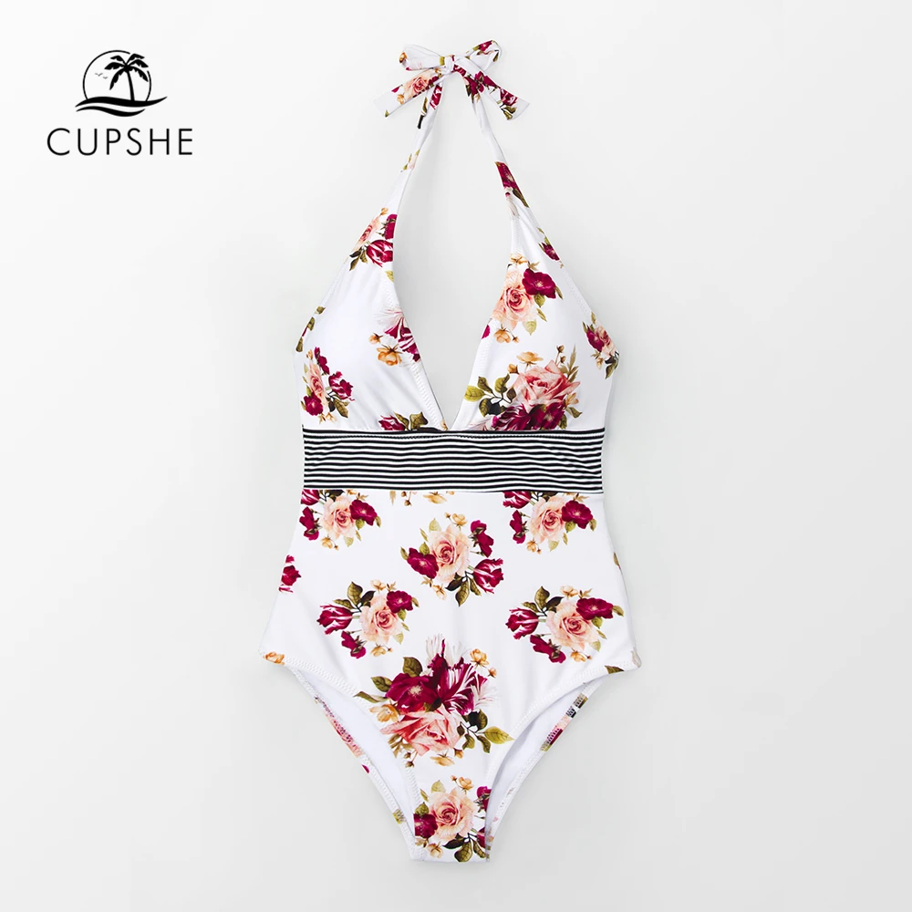 

CUPSHE Floral Print Halter One-Piece Swimsuit Women Sexy Tied Back Bow Monokini 2019 Girl Beach Bathing Suits swimwear