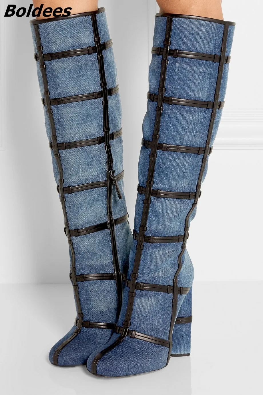 

Trendy Design Blue Jeans Block Heel Knee High Boots Classy Denim PU Patchwork Round Toe Boots Fashion Chunky Heel Knee HighShoes