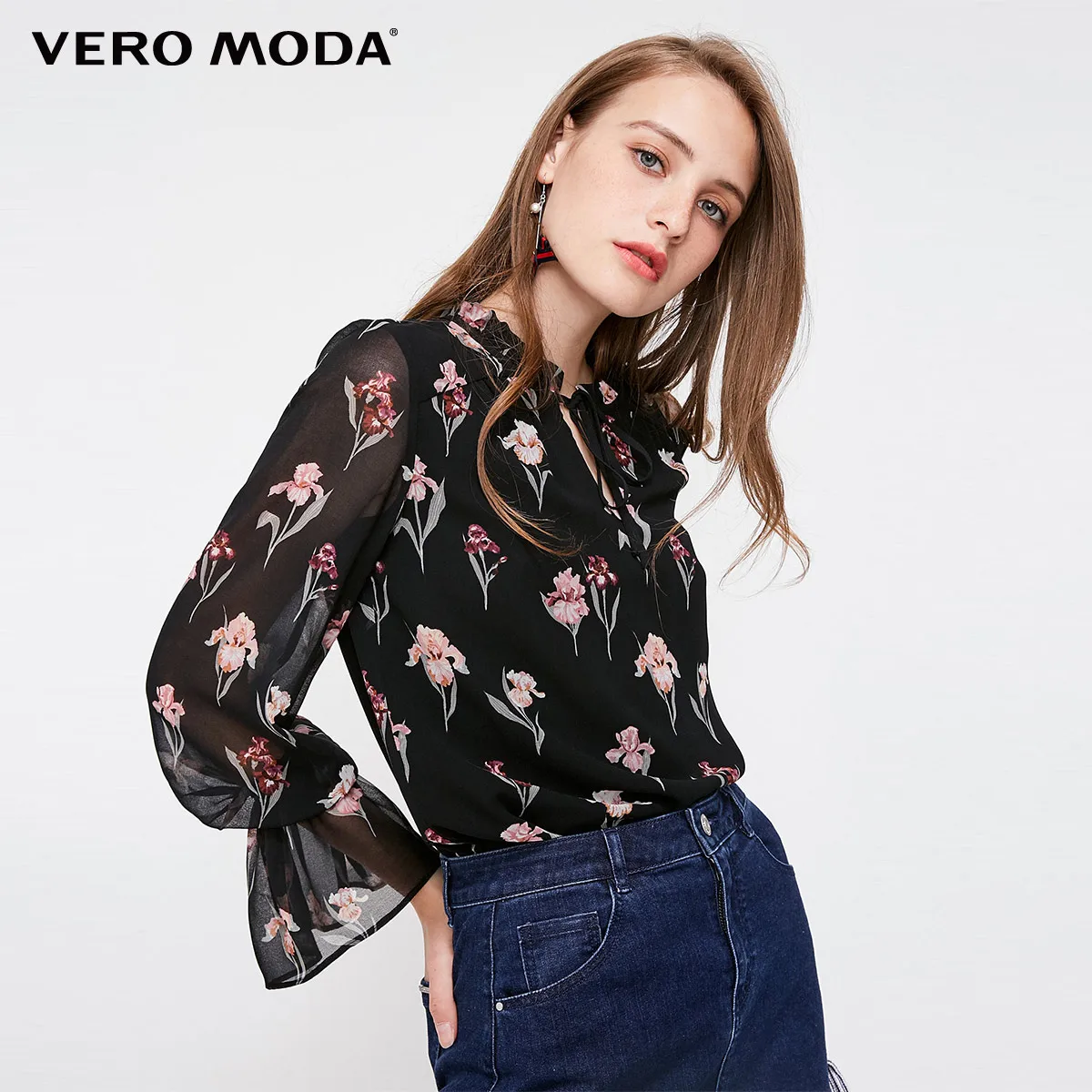 Vero Moda новые женские цветочные узоры расклешенные рукава Шифоновая Блузка Топы | 318351502