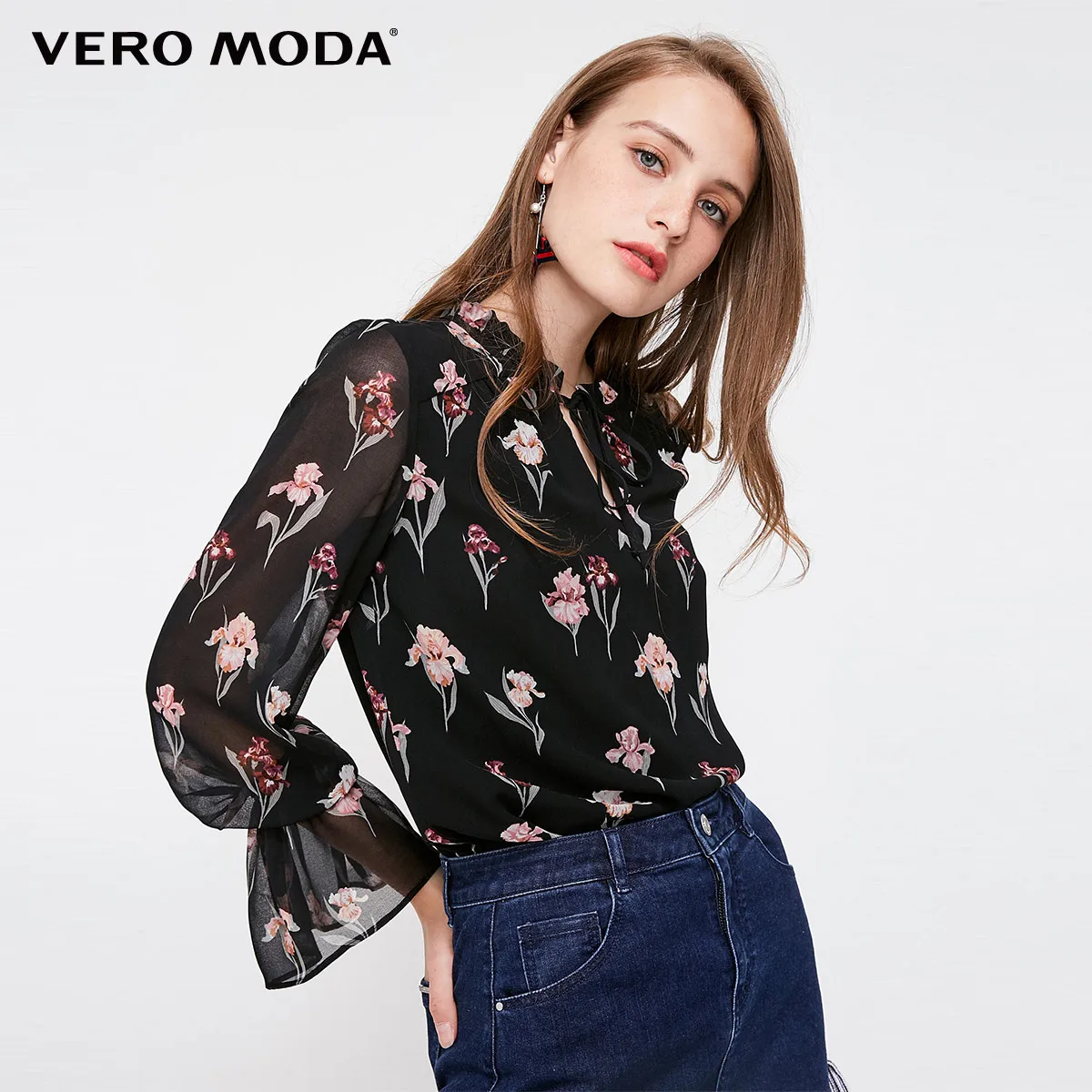 Vero Moda новые женские цветочные узоры расклешенные рукава Шифоновая Блузка Топы |