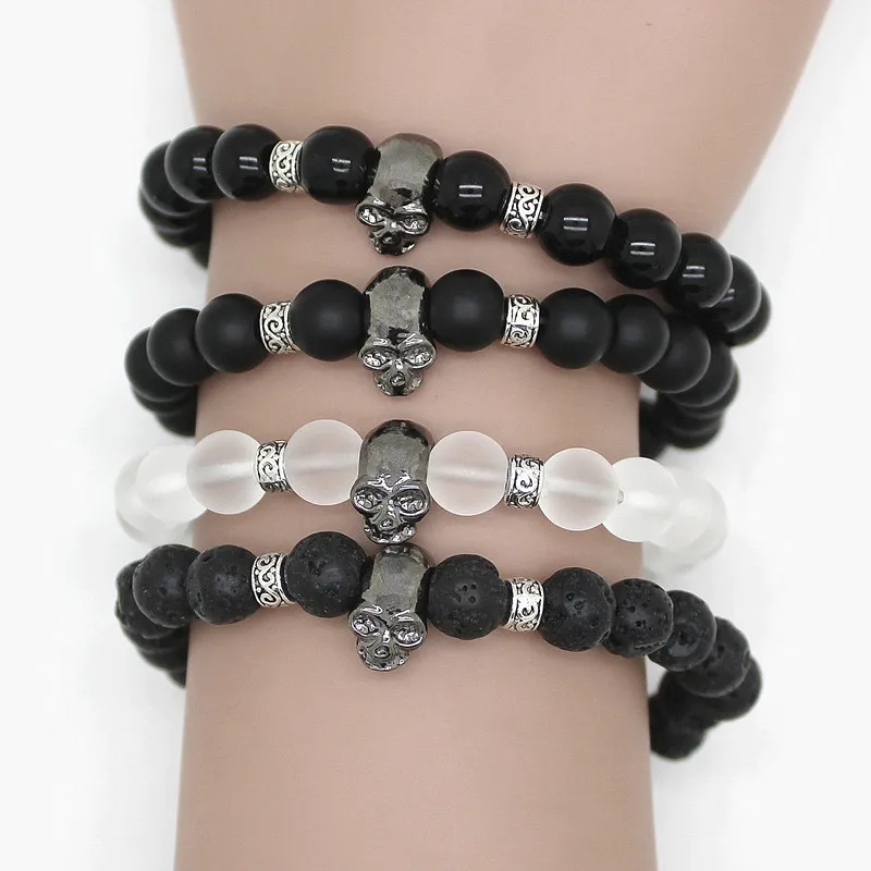 Black Beads Natural Stones Skull Bracelet For Women Lava Stone Beads Men Bracelet Black Lava Beads Bracelets Pulseras Mujer