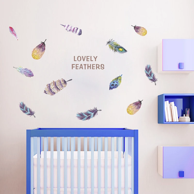 Colorful Lovely Feather Wall Stickers For Home Decoration Accessories PVC For Living Room Bedroom DIY Mural Decor Wall Art Decal
