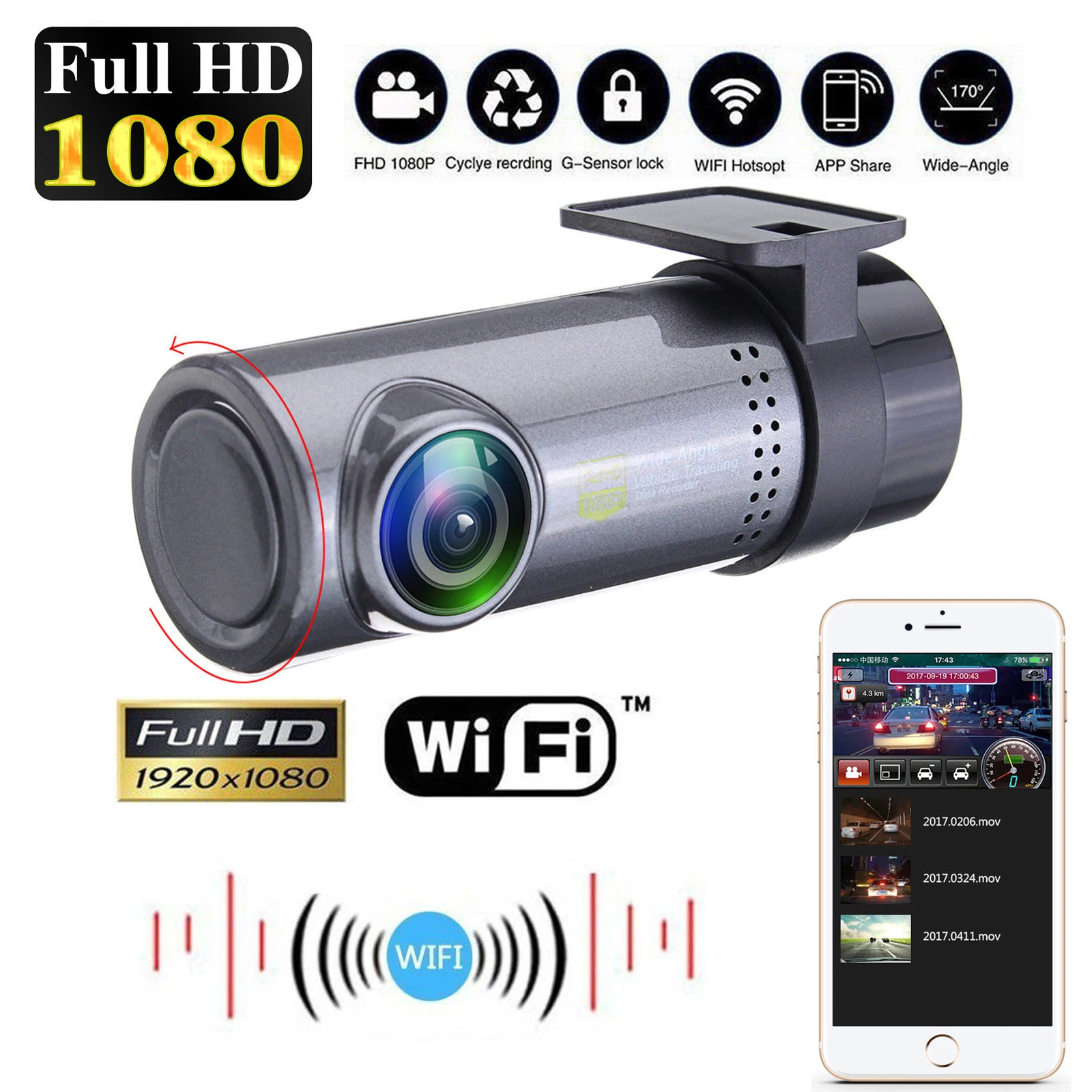 

Full HD 720P Wide Angle Lens Wifi USB Mini Car Camcorder Car DVR Park Monitoring with Night Vision for iPhone Android