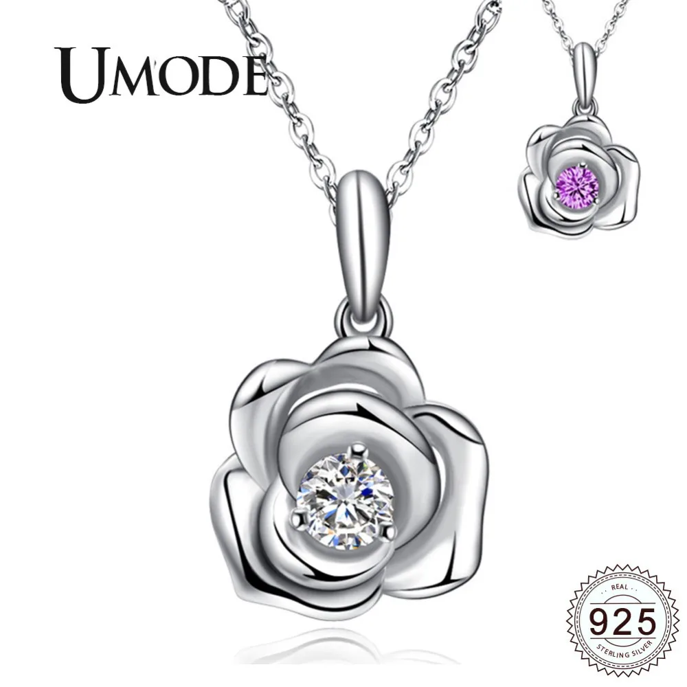 

UMODE Flower Purple Clear Crystal 925 Sterling Silver Necklaces Pendants for Women Romantic Cubic Zirconia Jewelry Gift ULN0418