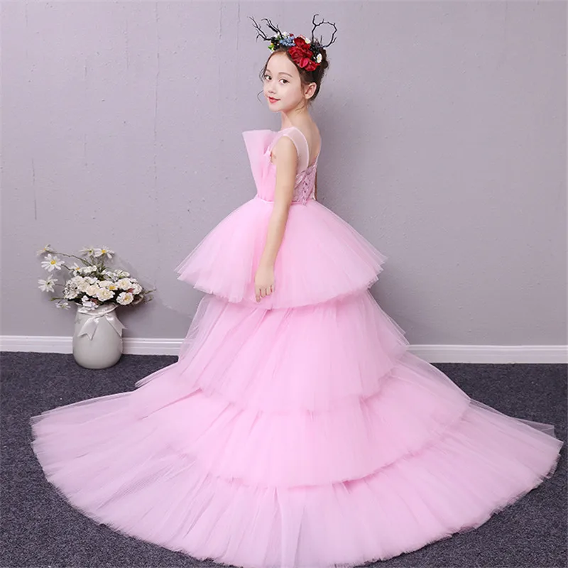 

2019 Summer New Children Girls Gorgeous Cake-Layered Mesh Tail Dress For Host Piano Pageant Kids Baby Birthday Evening Dress