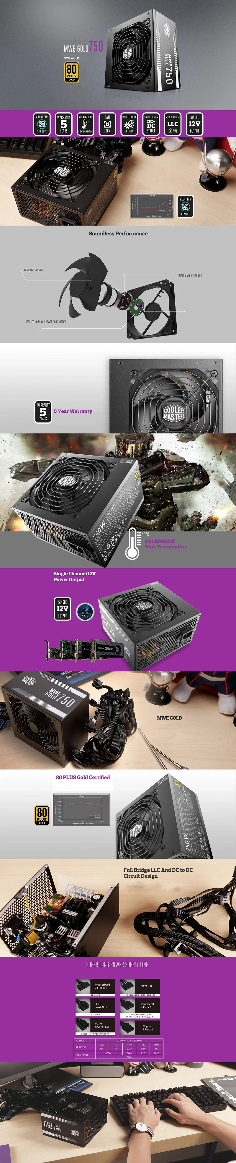 Cooler Master PC PSU компьютерный блок питания Номинальная мощность 750 Вт 750 Вт 12 см вентилятор 12 В ATX PC блок питания золотой 80 плюс для игры в офис