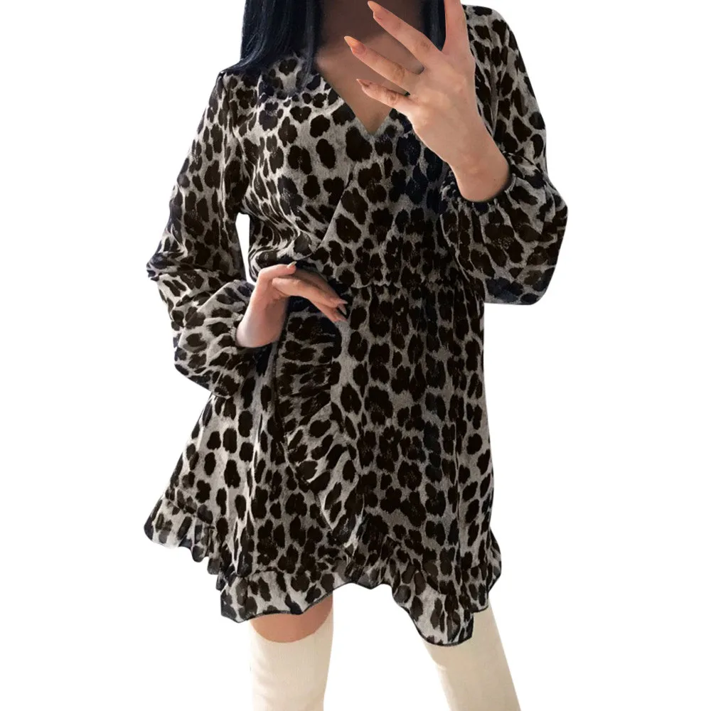 

SAGACE Women Autumn Sexy Leopard Snake Print Striped Long Sleeve V-Neck Dress Ladies Casual Mini Dresses Above Knee 2019 fashion