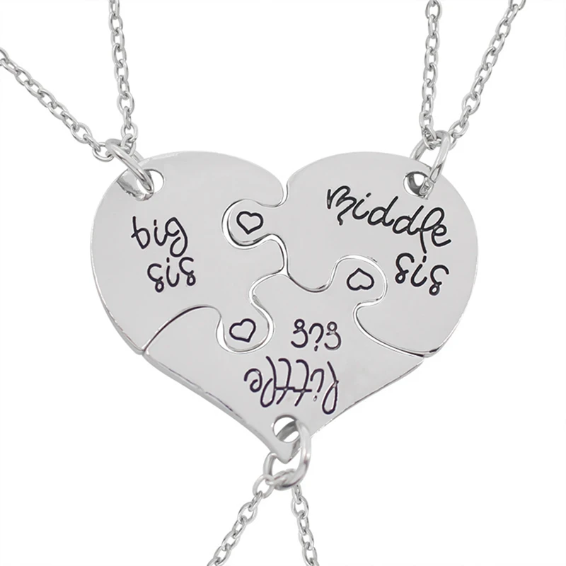 3pcs Sisters Pendant Necklace Women Love Heart Big Sister Little Sister