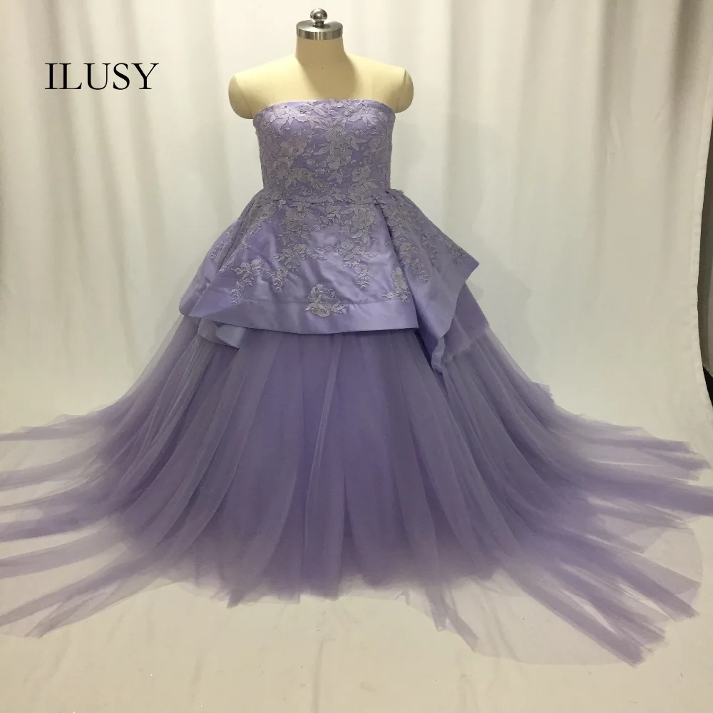 

ILUSY Charming Purple Evening Dress A-line Evening Gowns Sleeveless Prom gowns Strapless lace robe De Soiree