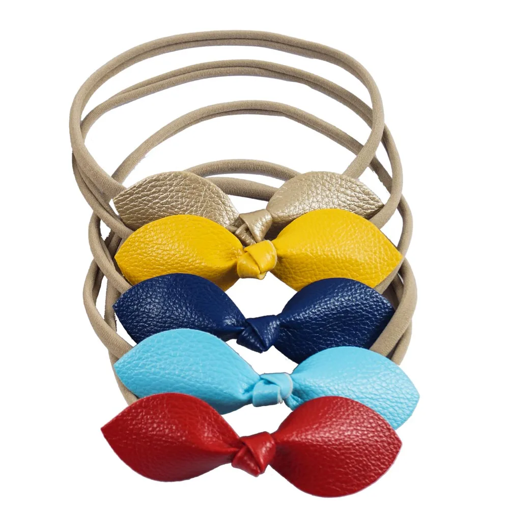 

5Pcs/set Leather Bow Headband For Girls Kid High Quality Elastic Nylon Hairband Leaves Hair Accessories Headwraps Good