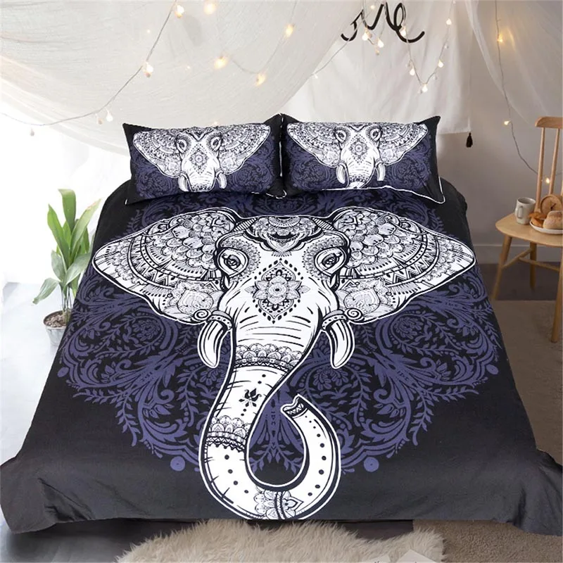 

Elephant Printed Bedding Set King Queen Size Luxury 3pcs Black Bed Duvet Cover Single Double Sheet Set Bedclothes Home Textiles