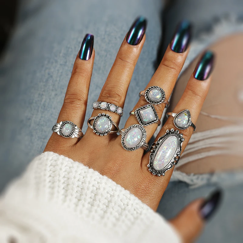 

Tocona 8pcs/set Bohemian Vintage Silver White Rhinestone Geometric Ring Set for Women Knuckle Finger Ring Brincos Femme 6101