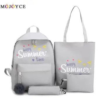 

4pcs/set Composite Women Backpack Large Capacity Letters Print Canvas Shoulder Backpack Female