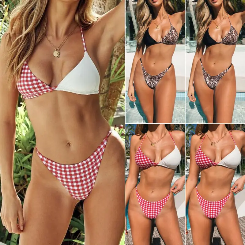 

Womens Bikini Set Low Waist Regular Sexy and Ultrathin Plaid Swimsuit Padded BraThong Bathing Suit Swimwear Beachwear