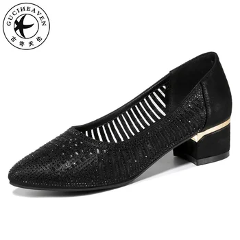 

Guciheaven Summer New Rose Gold Black Women Fashion Midle Heel Square Heel 4cm With Air Mesh Decoration Lady Causal Party Shoes