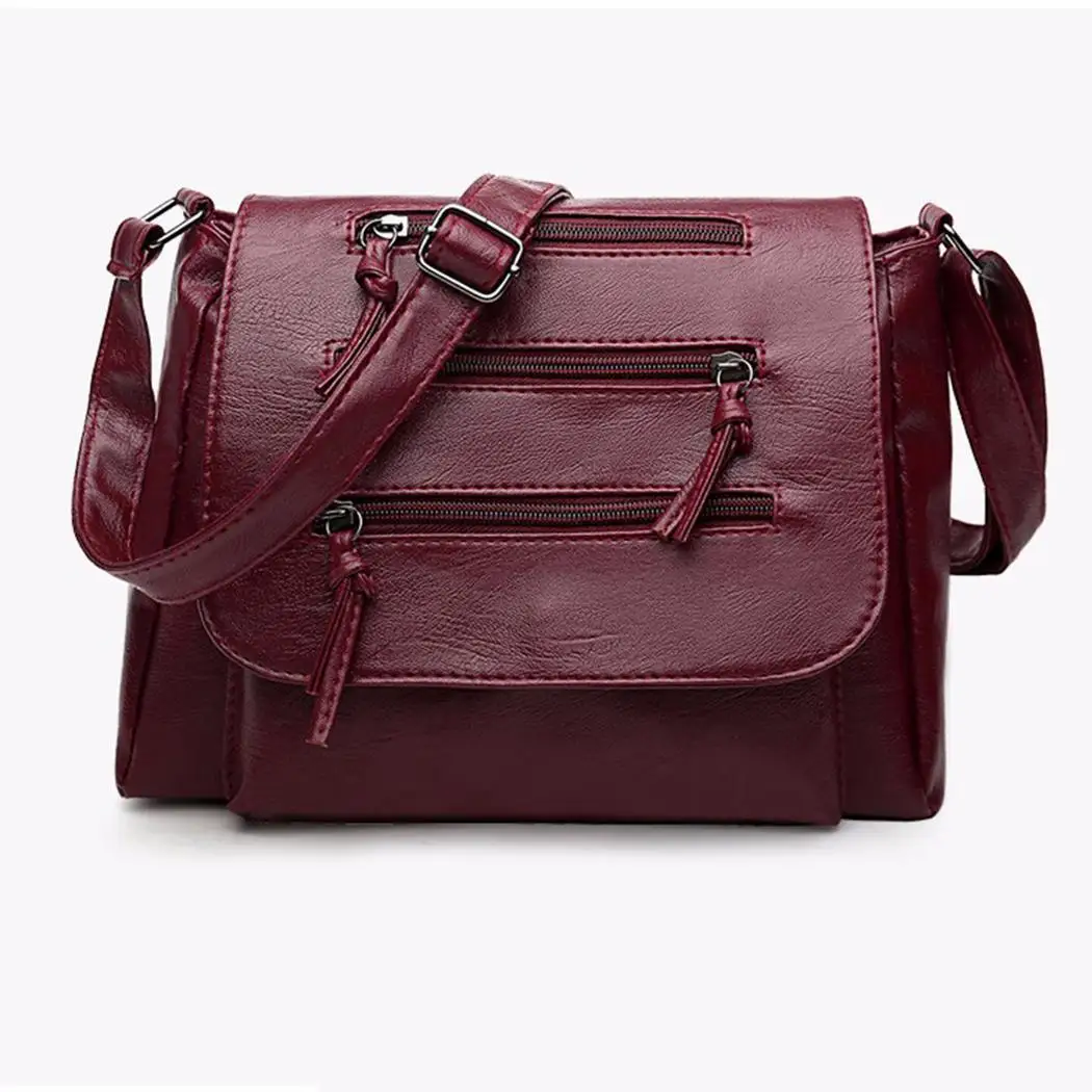 

Women Vintage Style Casual Leather Solid Flap One Shoulder Bag Zipper 330g Wine Red Black