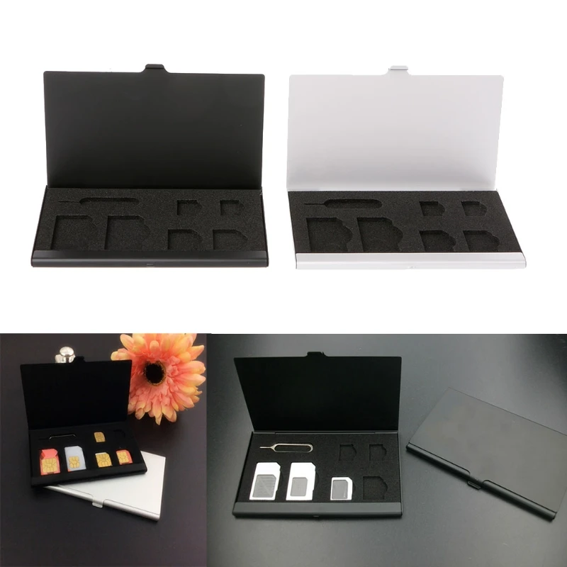 

Monolayer Aluminum Alloy 1 Card Pin + 6 SIM Card Holder Protector Storage Box Case Silver
