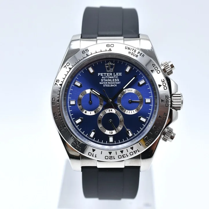 PETER LEE циферблат 41 мм Силиконовые военные хронограф автоматические механические мужские часы спортивные часы мужские часы лучший бренд роскошный подарок - Цвет: Синий