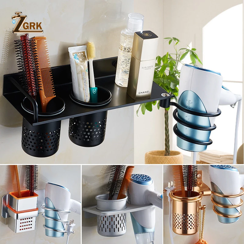 

ZGRK Multi-function Bathroom Hair Dryer Holder Wall Mounted Rack Aluminum Hair Dryer Shelf Storage Organizer