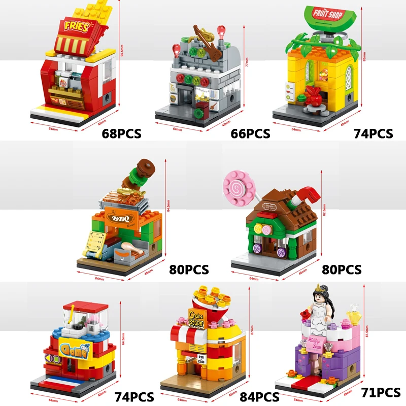 

Fun city mini street view block BBQ Fruits Fries Musical instrument Candy Wedding dress shop Game Room Popcorn Corner brick toys