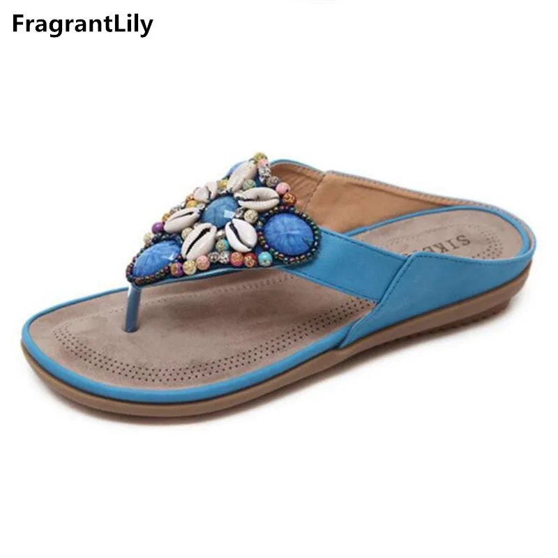 melhor FragrantLily verão Mulheres Boemia Étnica Talão Flip Flop Sandálias de Praia Plana Sandálias Sapatos Mulher Plus Size 35 41 Casuais sapatos